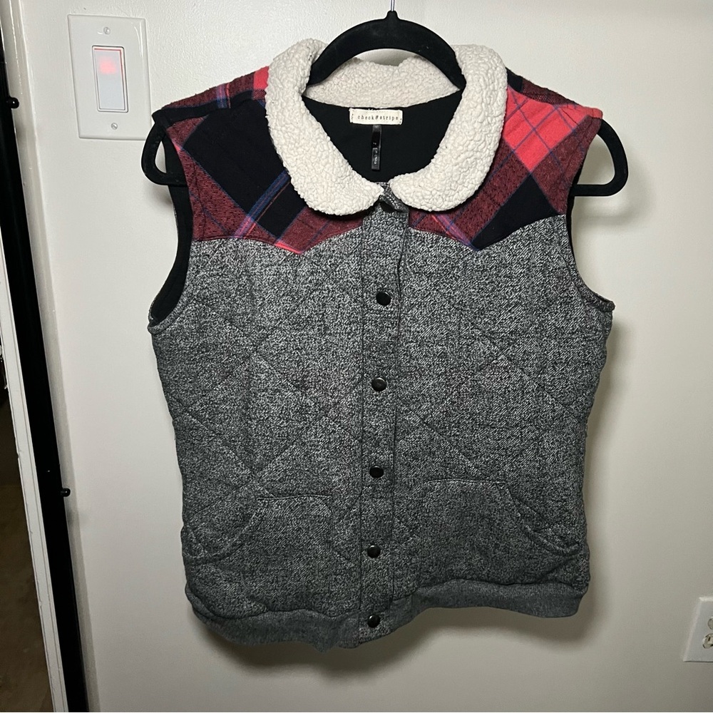 Plaid and Gray Quilted Cabincore Vest with Sherpa Collar Snap Buttons